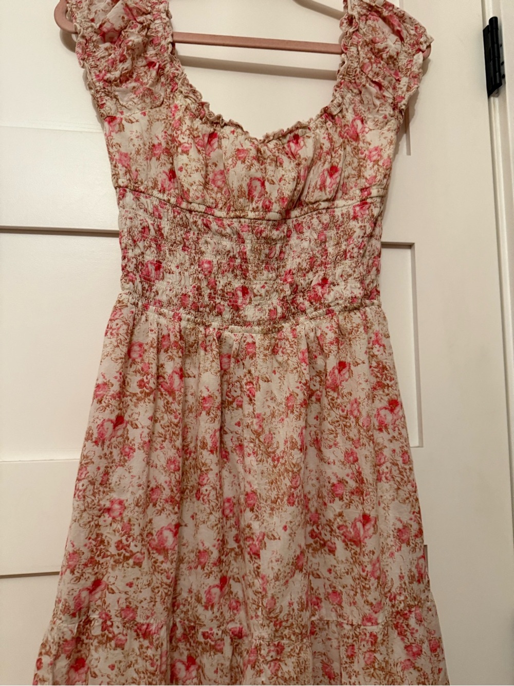 Smocked Floral Maxi Dress in Cream and Pink - Picture 8 of 9